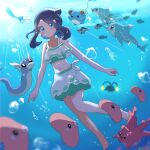  1girl air_bubble aqua_bikini bare_arms bare_legs bikini black_hair blue_eyes blue_hair blurry bubble chinchou colored_inner_hair corsola depth_of_field dratini finizen highres light_rays liko_(pokemon) looking_at_viewer luvdisc manaphy marill midriff multicolored_hair navel pokemon pokemon_(anime) pokemon_(creature) pokemon_horizons primarina print_sarong sarong seiun_(hoshigumo_72) swimsuit two-tone_hair underwater white_sarong wishiwashi wishiwashi_(solo) 