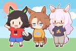  3girls :d animal_ears banana_print biwa_hayahide_(umamusume) black_footwear black_hair black_shirt blue_eyes blue_shorts blue_sky blush_stickers brown_footwear brown_hair brown_shorts chibi clothes_writing cloud day english_text glasses gomashio_(goma_feet) grey_hair grey_pants hair_between_eyes hair_ornament hairclip hands_in_pockets horse_ears horse_girl horse_tail jitome long_hair long_sleeves multiple_girls narita_taishin_(umamusume) orange_shirt outdoors outstretched_arm pants parted_bangs print_shirt red-framed_eyewear red_footwear red_shirt semi-rimless_eyewear shirt shoes short_sleeves shorts sky smile socks standing sun_symbol swept_bangs tail umamusume under-rim_eyewear very_long_hair white_socks winning_ticket_(umamusume) |_| 