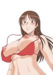  bangs bikini blush breasts breasts_outside brown_eyes brown_hair from_below kamisama_dolls large_breasts lips long_hair looking_at_viewer misnon_the_great nipples parted_bangs parted_lips puffy_nipples red_bikini shiba_hibino simple_background solo swimsuit untied untied_bikini upper_body wardrobe_malfunction white_background wide_hips 