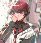  1boy black_choker black_hair blurry blurry_background cherry_blossoms choker closed_mouth english_commentary facing_viewer falling_petals gradient_hair hair_between_eyes highres holostars holostars_english joan64rk looking_outside looking_to_the_side machina_x_flayon machina_x_flayon_(2nd_costume) male_focus multicolored_hair o-ring_strap petals red_hair short_hair sidelighting solo sweater_vest two-tone_hair upper_body virtual_youtuber window 