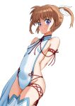  1girl blue_eyes blush breasts brown_hair cameltoe closed_mouth covered_navel covered_nipples darken_(darken13) hair_ribbon highres leotard looking_at_viewer lyrical_nanoha mahou_shoujo_lyrical_nanoha mahou_shoujo_lyrical_nanoha_a&#039;s ribbon short_hair simple_background small_breasts smile solo takamachi_nanoha thighhighs twintails white_background white_leotard white_thighhighs 