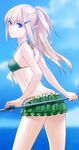  bad_id bad_pixiv_id bare_shoulders bikini bikini_skirt blonde_hair blue_eyes copyright_request elf frilled_bikini frills front-tie_top green_bikini hair_ornament hairclip highres looking_at_viewer looking_back maco pointy_ears ponytail shiny shiny_skin solo swimsuit 