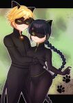  adrien_agreste animal_ears bell black_bodysuit black_hair black_mask blonde_hair bodysuit braid cat_boy cat_ears cat_girl chat_noir closed_mouth green_eyes highres jingle_bell lady_noir long_hair marinette_dupain-cheng mask miraculous_ladybug one_eye_closed single_braid slit_pupils smile superhero_costume user_yvff7347 