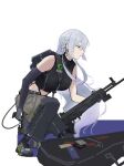  1girl absurdres ak-15 ak-15_(girls&#039;_frontline) assault_rifle backpack bag black_pants black_shirt black_sleeves braid chain concentrating crop_top detached_sleeves earrings floating_hair girls&#039;_frontline gloves green_skirt green_sleeves grey_hair gun hair_between_eyes hair_over_one_eye handgun highres holding holding_gun holding_weapon jewelry kalashnikov_rifle kneeling laser_sight long_hair long_sleeves michaeliadalto9 midriff pants purple_eyes rifle shirt shoes short_sleeves single_braid skirt sleeveless sleeveless_shirt sneakers solo very_long_hair weapon weapon_case 