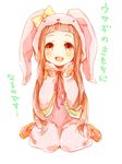  1girl ameiro animal_costume animal_ears blush brown_eyes brown_hair bunny_costume bunny_ears capelet child ichihara_nina idolmaster idolmaster_cinderella_girls long_hair open_mouth ribbon simple_background solo translation_request white_background 