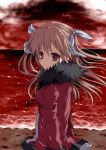  1girl arm_at_side baldr_sky beach brown_hair closed_mouth coat expressionless floating_hair from_side fur-trimmed_coat fur_trim hair_between_eyes hair_ribbon highres long_hair long_sleeves looking_at_viewer minazuki_sora outdoors red_coat red_eyes red_ocean red_sky ribbon sky solo two_side_up unkogakatasugi upper_body white_ribbon wind 