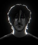  1boy backlighting beard black_background black_hair black_shirt closed_mouth crunch_joemama expressionless facial_hair glowing_pupils greyscale hair_between_eyes highres male_focus markiplier mature_male monochrome narrowed_eyes portrait real_life realistic shirt short_hair signature solo 