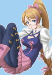  aquarion_(series) aquarion_evol blue_eyes boots braid breasts brown_hair cleavage cleavage_cutout glasses large_breasts long_hair looking_at_viewer magatama misnon_the_great mix_(aquarion) orange_hair pantyhose ponytail solo 