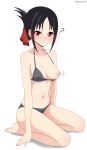  1girl :/ ? absurdres arms_at_sides bare_arms bare_shoulders barefoot bikini black_bikini black_hair blush breasts cleavage closed_mouth clueless collarbone commentary curvy english_commentary eyelashes folded_ponytail frown full-face_blush full_body furrowed_brow hair_ribbon halterneck highres kaguya-sama_wa_kokurasetai_~tensai-tachi_no_renai_zunousen~ medium_breasts medium_hair midriff navel nipple_slip nipples nose_blush notice_lines paid_reward_available parted_bangs red_eyes red_ribbon ribbon roswell_ss seiza shinomiya_kaguya shy simple_background sitting solo stomach swimsuit thighs tsurime twitter_username underwear white_background 