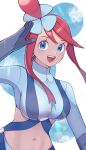  1girl :d arm_up blue_eyes blue_gloves blue_jacket blue_shorts breasts crop_top cropped_jacket gloves hair_ornament happy highres jacket kana_(kanna_runa0620) looking_at_viewer midriff navel one_side_up open_mouth pokemon pokemon_bw red_hair short_hair_with_long_locks shorts sidelocks skyla_(pokemon) smile solo teeth tongue turtleneck upper_teeth_only 
