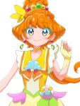  1girl blue_eyes choker closed_mouth colored_eyelashes commentary cure_papaya dress earrings fingerless_gloves gloves hair_bobbles hair_ornament highres ishidai_(ishidai4682) jewelry long_hair looking_at_viewer magical_girl neck_ribbon orange_hair orange_ribbon pouch precure ribbon sailor_collar shell_brooch simple_background sleeveless sleeveless_dress smile solo standing thick_eyelashes tropical-rouge!_precure white_background yellow_choker yellow_dress yellow_gloves yellow_sailor_collar 