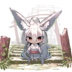  1girl absurdly_long_hair animal_ear_fluff animal_ears chibi closed_mouth commentary_request fox_ears fox_girl fox_tail hair_between_eyes highres japanese_clothes kimono long_hair long_sleeves looking_at_viewer original ponytail red_eyes simple_background sleeves_past_wrists solo stairs standing tail torii very_long_hair white_background white_hair white_kimono wide_sleeves yuuji_(yukimimi) 