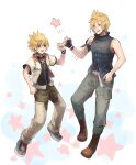  2boys belt black_footwear black_shirt black_vest black_wristband blonde_hair blue_eyes boots brown_footwear brown_pants clenched_hand commentary crossover final_fantasy final_fantasy_xv fingerless_gloves fist_bump freckles full_body gloves grey_pants hand_up happy high_collar jacket jewelry kingdom_hearts kingdom_hearts_ii looking_at_another male_focus multiple_boys multiple_rings open_clothes open_jacket open_mouth pants prompto_argentum ring roxas sasanomesi shirt shoes short_hair signature smile spiked_hair standing star_(symbol) vest white_belt white_jacket wristband 