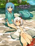  ? armpits barefoot blue_eyes blue_hair blush blush_stickers bottomless clothes_removed flat_chest hair_bobbles hair_half_undone hair_ornament hat hat_removed headwear_removed inubashiri_momiji kawashiro_nitori looking_at_viewer lying multiple_girls navel on_back open_clothes open_shirt red_eyes river shibasaki_shouji shirt short_hair side_ponytail sitting skirt skirt_removed tears touhou water white_hair 