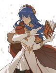  1girl black_pantyhose blue_eyes blue_hair book bracelet cape closed_mouth dress elbow_gloves fire_emblem fire_emblem:_the_binding_blade fire_emblem_heroes gloves hair_between_eyes highres holding holding_book jewelry julianlynnnn lilina_(fire_emblem) lilina_(firelight_leader)_(fire_emblem) long_hair pantyhose red_cape red_hat sidelocks solo white_gloves 