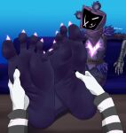 5_toes anthro armor barefoot bear big_butt black_body black_skin blue_background butt claws clothing duo epic_games eye_scar facial_scar feet feet_on_table felid feline female foot_fetish foot_focus foot_rub fortnite fur furniture gauntlets gloves glowing glowing_claws handwear hi_res hood humanoid_feet looking_at_viewer mammal massage meow_skulls_(fortnite) plantigrade purple_body purple_eyes purple_fur raven_team_leader relaxed_expression relaxing scar shadow_face simple_background soles ssunsalm toes