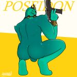 back_muscles backsack balls bracelet butt clothing crouching crown epic_games fortnite fuchsiafeatherz genitals gesture goo_creature goo_humanoid green_body gun hand_gesture headgear headwear hi_res humanoid jewelry male muscular muscular_male necklace poseidon_(fortnite) ranged_weapon rear_view rippley_(fortnite) simple_background solo tongue tongue_out v_sign weapon