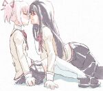  2girls akemi_homura black_hair black_hairband black_pantyhose black_skirt blush bow bowtie brown_shirt closed_eyes closed_mouth commentary_request hair_ribbon hairband highres imminent_kiss juliet_sleeves kaname_madoka long_sleeves mahou_shoujo_madoka_magica mahou_shoujo_madoka_magica_(anime) multiple_girls pantyhose pink_hair puffy_sleeves purple_eyes red_bow red_bowtie red_ribbon ribbon risai shirt simple_background sitting skirt smile thighhighs twintails white_background white_thighhighs yuri 