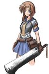  adapted_costume arceonn armor bare_legs blue_eyes breastplate brown_hair fantasy hatchet higurashi_no_naku_koro_ni necktie nose_hatchet ryuuguu_rena sailor_collar short_hair skirt smile solo sword weapon 