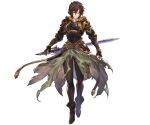  1boy ahoge ankle_boots armor belt bishounen black_pants boots breastplate brown_hair cape empty_eyes evil_smile fingerless_gloves floating_cape full_body gloves gold_trim granblue_fantasy green_cape hair_between_eyes hip_armor holding holding_sword holding_weapon hood hood_down light_smile looking_at_viewer minaba_hideo official_art pants red_eyes sandalphon_(granblue_fantasy) scabbard sheath shoulder_armor smile sword tachi-e tight_clothes tight_pants transparent_background weapon 