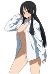  1girl absurdres akiyama_mio black_eyes black_hair blush breasts closed_mouth collared_shirt cowboy_shot highres k-on! kicchi_(tmgk) large_breasts long_hair long_sleeves looking_at_viewer naked_shirt navel open_clothes open_shirt shirt sidelocks simple_background solo standing white_background white_shirt 