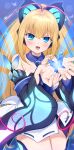  1girl absurdres antenna_hair azure_striker_gunvolt bare_shoulders blonde_hair blue_eyes blush bug butterfly butterfly_hair_ornament cowboy_shot dress energy_wings glowing_butterfly hair_ornament high_ponytail highres idol kakizato long_hair lumen_(gunvolt) musical_note pink_hair solo strapless strapless_dress very_long_hair white_dress wide_sleeves 