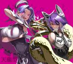  absurdres black_capelet black_skirt breast_pocket breasts capelet checkered_necktie collared_shirt cowboy_shot dragon dress_shirt eastern_dragon eyepatch hair_between_eyes hair_intakes halo headgear highres kantai_collection large_breasts mechanical_halo necktie pocket purple_eyes purple_hair sannsogyoraikai shirt short_hair skirt sleeveless sleeveless_shirt smile tatsuta_(kancolle) tatsuta_kai_ni_(kancolle) tenryuu_(kancolle) tenryuu_kai_ni_(kancolle) white_shirt yellow_eyes 