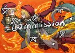  1boy 1girl animal_legs armor blonde_hair collar commission don_quixote_(project_moon) dress e.g.o_(project_moon) food gloves green_dress highres hug limbus_company lizard_tail open_mouth pauldrons project_moon red_gloves red_hat shan23852196 shoulder_armor sinclair_(project_moon) smile soup tail watermark yellow_eyes 