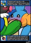 2020 anthro beak big_penis black_border black_eyes blue_body blue_feathers blue_skin blush bodily_fluids border chatot chatot_(eotds) cyndaquil dialogue double_oral double_penetration ellipsis english_text erection exclamation_point feathers fellatio fin generation_2_pokemon generation_3_pokemon generation_4_pokemon genitals green_body green_feathers green_penis group hand_on_head head_fin huge_penis humanoid_genitalia humanoid_penis looking_down lorderat male male/male mouth_full mudkip nintendo offscreen_character offscreen_male open_mouth oral penetration penile penis pink_beak pokemon pokemon_(species) pokemon_mystery_dungeon portrait saliva saliva_on_face saliva_on_penis sex side_view signature small_but_hung spike_chunsoft text text_box trio yellow_body yellow_penis