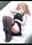  ascot bed black_legwear blush breasts commentary_request double_bun dress eyebrows_visible_through_hair hair_bun hair_flaps harukana_(harukana_10) highres kantai_collection light_brown_hair lying michishio_(kantai_collection) on_back panties pinafore_dress remodel_(kantai_collection) shirt short_sleeves short_twintails small_breasts solo thighhighs twintails underwear white_panties white_shirt yellow_eyes 