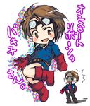  2boys blue_eyes boots brown_hair captain_america chibi child dual_persona goggles goggles_on_head james_buchanan_barnes lowres male_focus marvel mask multiple_boys older silhouette superhero umemani younger 