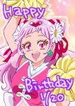  1girl :d absurdres arm_up azuma_(asura_888) back_bow bow cone_hair_bun crop_top cure_yell dated double_bun earrings flower hair_bow hair_bun hair_flower hair_ornament hair_ribbon happy_birthday heart heart_hair_ornament highres holding holding_pom_poms hugtto!_precure jewelry long_hair looking_at_viewer magical_girl multicolored_background nono_hana open_mouth pink_eyes pink_hair pink_shirt pom_pom_(cheerleading) precure puffy_sleeves red_bow red_ribbon ribbon see-through see-through_sleeves shirt sleeveless sleeveless_shirt smile solo sparkling_eyes thick_eyelashes upper_body white_bow 