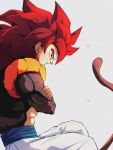  black_vest blue_eyes blue_sash crossed_arms dragon_ball dragon_ball_gt from_side gogeta highres long_hair looking_at_viewer metamoran_vest monkey_tail pants pato007711 red_hair sash simple_background spiked_hair super_saiyan super_saiyan_4 tail upper_body vest white_background white_pants 