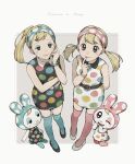  2girls ;d animal_crossing aqua_eyeshadow aqua_hairband aqua_nails aqua_thighhighs arm_behind_back belt belt_buckle black_belt black_dress black_eyes black_footwear blonde_hair blush border bracelet buckle character_name chrissy_(animal_crossing) closed_mouth collared_dress commentary_request creature_and_personification dress eyelashes eyeshadow finger_to_mouth fingernails francine_(animal_crossing) furry furry_female grey_background hairband hand_up highres index_finger_raised jewelry kaji_(oni_atat) long_hair looking_at_viewer makeup multiple_girls nail_polish one_eye_closed open_mouth outside_border personification pink_hairband pink_nails pink_thighhighs polka_dot polka_dot_dress polka_dot_hairband rabbit_girl shoes siblings simple_background sisters sleeveless sleeveless_dress smile swept_bangs thighhighs twintails white_belt white_border white_dress white_footwear 