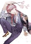  1boy absurdres arm_on_knee biting black_coat blue_eyes chamuring cherry_blossoms coat falling_petals hand_on_floor head_tilt highres holding knee_up looking_at_viewer looking_up male_focus necktie pants petals pink_hair purple_suit red_necktie sanzu_haruchiyo scar scar_on_face shirt sitting sleeves_rolled_up suit tokyo_revengers twig white_shirt wolf_cut 