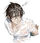  1boy arm_behind_back black_hair bound bound_wrists chamuring golden_kamuy highres leaning_forward light_frown male_focus one_eye_closed pectorals scar scar_on_face shirt sugimoto_saichi upper_body water_drop wet wet_clothes wet_hair wet_shirt white_shirt 