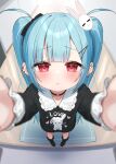  1girl arms_up black_bow black_choker black_shirt black_socks blue_hair blurry blurry_foreground bow choker collarbone collared_shirt commentary_request depth_of_field ear_piercing frilled_shirt_collar frills hair_bow hair_ornament hairclip heart_o-ring heart_ring_top highres indoors kanae_(tsukiman) long_hair looking_at_viewer o-ring o-ring_choker original parted_lips piercing rabbit_hair_ornament reaching reaching_towards_viewer red_eyes shirt socks solo standing tsukiman twintails very_long_hair wooden_floor 