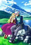  1boy 1girl armor belt blonde_hair blue_eyes blue_hair boots braid claire_bennett dress eyes_closed flower gloves long_hair lowres pants scenery shoes tales_of_(series) tales_of_rebirth veigue_lungberg 