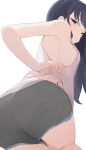  1girl armpits ass ass_focus black_hair boku_no_kokoro_no_yabai_yatsu breasts commentary feet_out_of_frame from_below grey_panties grey_shorts grey_tank_top highres hiroki_(yyqw7151) large_breasts looking_back panties short_shorts shorts sideboob simple_background smile solo tank_top underwear white_background yamada_anna 