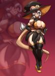 animal_humanoid armwear big_breasts boo_the_rat bottomwear breasts cleavage_cutout clothing cutout detached_sleeves female footwear grey_hair hair hands_on_hips hat headgear headwear hi_res high_heels humanoid inner_ear_fluff legwear long_hair looking_at_viewer magic_user mammal mammal_humanoid murid murid_humanoid murine murine_humanoid raised_leg rat rat_humanoid rat_tail red_background red_eyes rodent rodent_humanoid simple_background skirt smile solo thigh_gap thigh_highs toughset tuft vtuber witch witch_hat