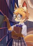  1girl ahoge animal_ear_fluff animal_ears black-framed_eyewear blonde_hair body_fur book bookshelf bow bowtie closed_mouth collared_shirt commission english_text fox_ears fox_girl fox_tail furry furry_female hair_ornament highres holding holding_book indoors kadim library original parody plaid plaid_skirt purple_bow purple_bowtie purple_eyes round_eyewear shirt short_hair short_sleeves skirt solo tail title_parody white_shirt x_hair_ornament 