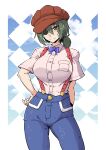  1girl alternate_breast_size alternate_costume alternate_hairstyle blue_bow blue_bowtie blue_pants bow bowtie breast_pocket breasts brown_hat eyepatch green_eyes highres kantai_collection kiso_(kancolle) large_breasts low_ponytail medium_hair nokishita_kumoemon pants pink_shirt pocket shirt smile solo standing suspenders 