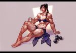  1girl abs alternate_muscle_size baldur&#039;s_gate baldur&#039;s_gate_3 bare_arms bare_legs barefoot biceps bikini black_hair breasts cup drinking dumbbell dungeons_&amp;_dragons elf hand_on_floor highres janrock long_hair medium_breasts muscular muscular_female navel on_ground pointy_ears ponytail shadowheart_(baldur&#039;s_gate) signature simple_background sitting skirt solo stomach sweat swimsuit 