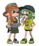  2girls apron baseball_cap black_shorts bowl bucket_hat closed_mouth commentary commission cross-laced_footwear dolphin_shorts eating full_body green_apron green_eyes green_hair green_shirt green_trim grey_eyes hat holding holding_bowl holding_spoon inkling inkling_girl inkling_player_character long_hair medium_hair miko_(15476997) multiple_girls orange_hair orange_shirt pointy_ears print_shirt sample_watermark shirt shoes shorts simple_background splatoon_(series) spoon standing tentacle_hair thick_eyebrows watermark white_background 