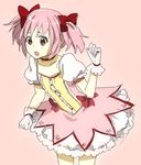  bow catgirl0926 gloves hair_bow kaname_madoka magical_girl mahou_shoujo_madoka_magica open_mouth pink_background pink_hair short_hair short_twintails simple_background solo twintails 