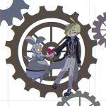  1boy ahoge blonde_hair ear_piercing full_body gears gladion_(pokemon) gladion_(sygna_suit)_(pokemon) green_eyes hair_over_one_eye heart highres holding_hands jacket looking_at_another magearna magearna_(normal) mechanical_arms official_alternate_costume open_clothes open_jacket piercing pokemon pokemon_(creature) pokemon_masters_ex seiun_(hoshigumo_72) 