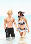  1boy 1girl abs bikini bikini_skirt black_hair black_male_swimwear blonde_hair breasts cleavage cloud_strife final_fantasy final_fantasy_vii final_fantasy_vii_rebirth final_fantasy_vii_remake flower frilled_bikini frills hair_flower hair_ornament highres holding_hands large_breasts looking_at_another male_swimwear navel ocean official_alternate_costume official_alternate_hairstyle outdoors pectorals red_eyes spiked_hair spykeee swimsuit tifa_lockhart tifa_lockhart_(shining_spirit) toned wading white_bikini 