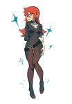  1girl arm_behind_back belt black_belt black_bodysuit blush bodysuit breasts covered_navel full_body hair_between_eyes highres kuri_(8mr4i9afb6bmulu) little_witch_academia long_bangs long_hair looking_at_viewer lower_teeth_only open_mouth red_eyes red_hair shiny_chariot skin_tight teeth ursula_charistes white_background 