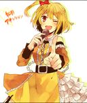  bad_id bad_pixiv_id blonde_hair bow hair_bow kagerou_project kisaragi_attention_(vocaloid) kisaragi_momo looking_at_viewer microphone music one_eye_closed open_mouth pointing pointing_at_viewer red_eyes short_hair side_ponytail singing solo vocaloid xxxxxymdy 
