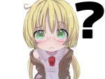  1girl ? absurdres blonde_hair brown_jacket child confused glasses green_eyes highres jacket looking_at_viewer made_in_abyss raised_eyebrow riko_(made_in_abyss) sekaineko_001 simple_background twintails whistle whistle_around_neck white_background 